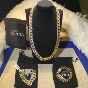 Invicta Gold & Silver Cuban Link Necklace and Bracelets Set NWT ASKING ONLY $70